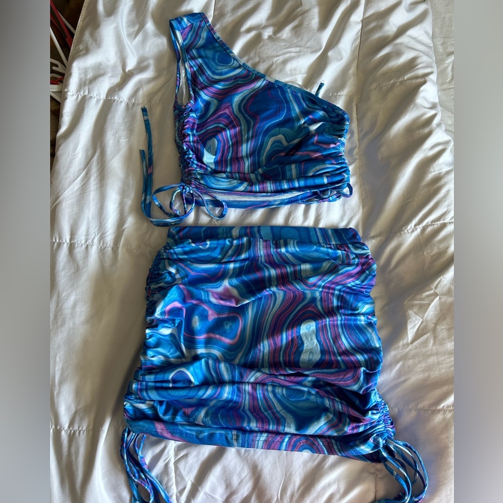 Shein 1 shoulder blue & purple 2 piece skirt & shirt